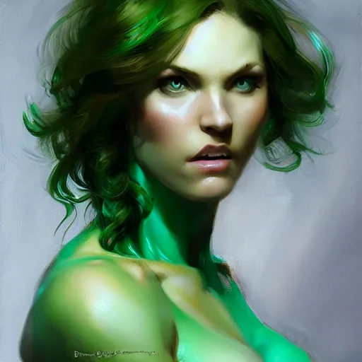 Image similar to a mascular woman with emerald green eyes, and green hair that naturally curls up on the ends, bodybuilder woman, by daniel gerhartz, digital art, artstation