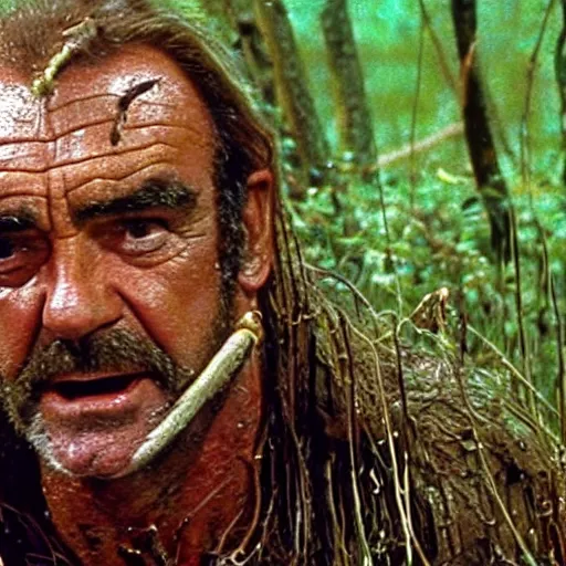 Prompt: cinematic still of sean connery, covered in mud and watching a predator in a swamp in 1 9 8 7 movie predator, hd, 4 k