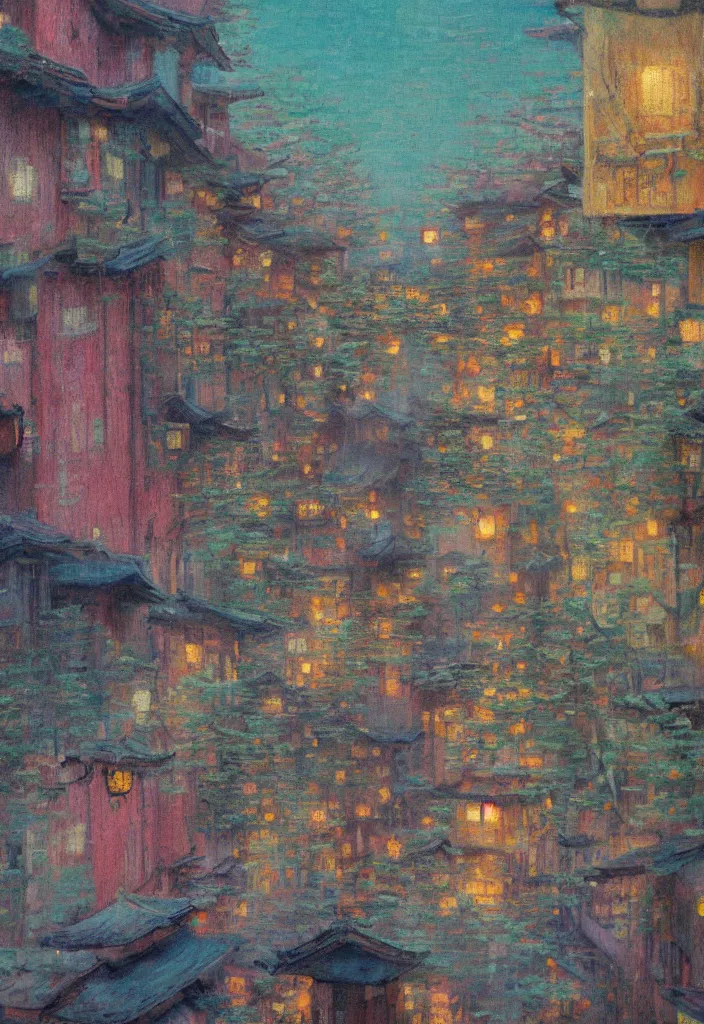 Image similar to a beautiful japanese city near the sea, amazing ryokans and gorgeous edo era houses, epic cyberpunk, lofi vibe, colorful, vivide colors, oil painting in impressionist style, by jeremy lipkin, by claude monet, by makoto shinkai, multiple brush strokes, inspired by ghibli, masterpiece, beautiful