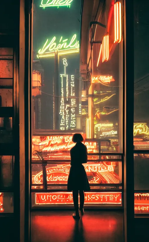 Prompt: vertical movie frame, girl in 5 0's retro restaurant, neon - decorated urban on night in the city seen through the window, modern architecture design, vintage, night, blade runner, dark, clean lines, asian futuristic city at distance, big windows, octane, wide angle