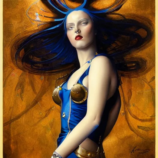 Prompt: a woman with blue and gold hair, an art deco painting by art of brom and karol bak and aurel bernath, featured on behance and cgsociety, fantasy art, gothic art, poster art, art deco, tarot card, pre - raphaelite