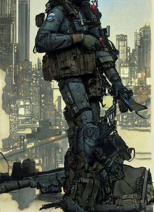 Image similar to Dinah. USN special forces operator looking at city skyline. Futuristic stealth suit. mgs and rb6s Concept art by James Gurney, Alphonso Mucha, matt rhodes.