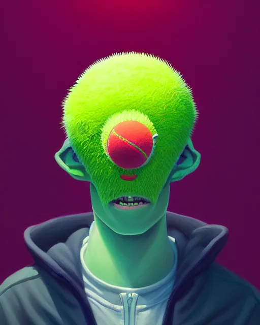 Image similar to highly detailed vfx portrait of a character of a tennis ball monster stephen bliss, unrealengine, greg rutkowski, loish, rhads, beeple, makoto shinkai and lois van baarle, ilya kuvshinov, rossdraws, tom bagshaw,