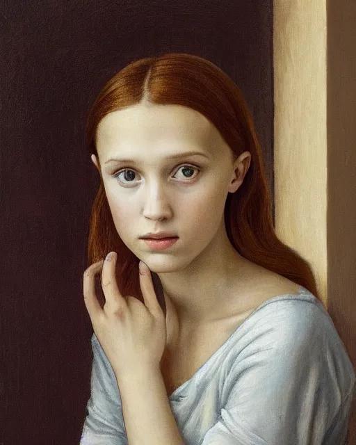 Image similar to a window - lit realistic portrait painting of a thoughtful girl resembling a young, shy, redheaded alicia vikander or millie bobby brown, lit by a window at the side, highly detailed, intricate, by leonardo davinci and boticelli