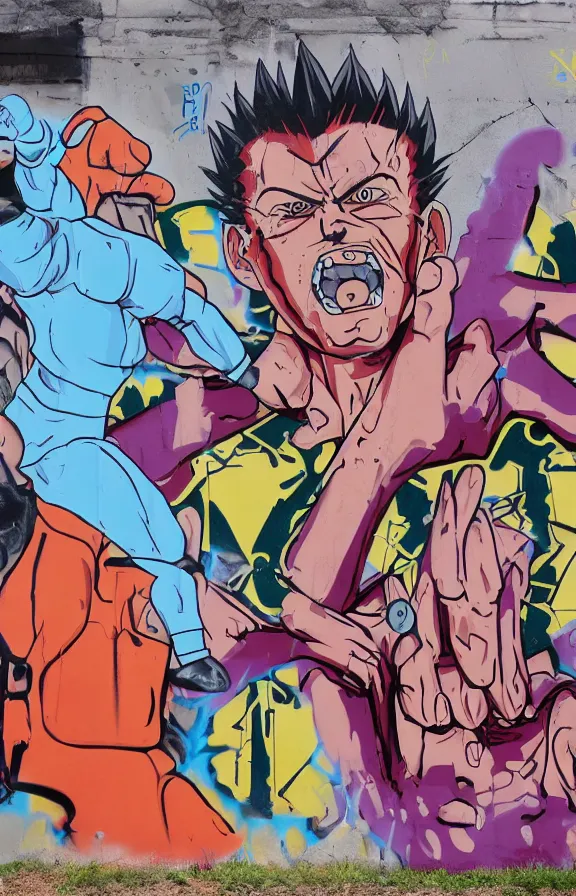 Prompt: a graffiti wall of super saiyajin freddy mercury