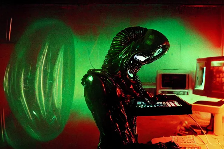 Image similar to alien monster using a computer to check their email, submerged in translucent goo, over the shoulder perspective, in 1 9 8 5, y 2 k cybercore, industrial low - light photography, in the style of tyler mitchell