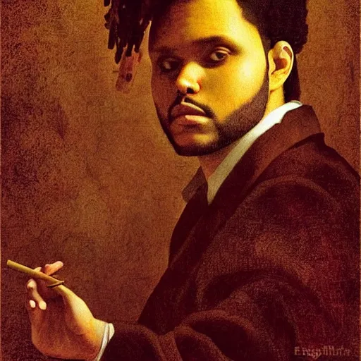 Prompt: the weeknd from blinding lights smoking by leonardo da vinci, brown skin, classical painting, digital painting, romantic, vivid color
