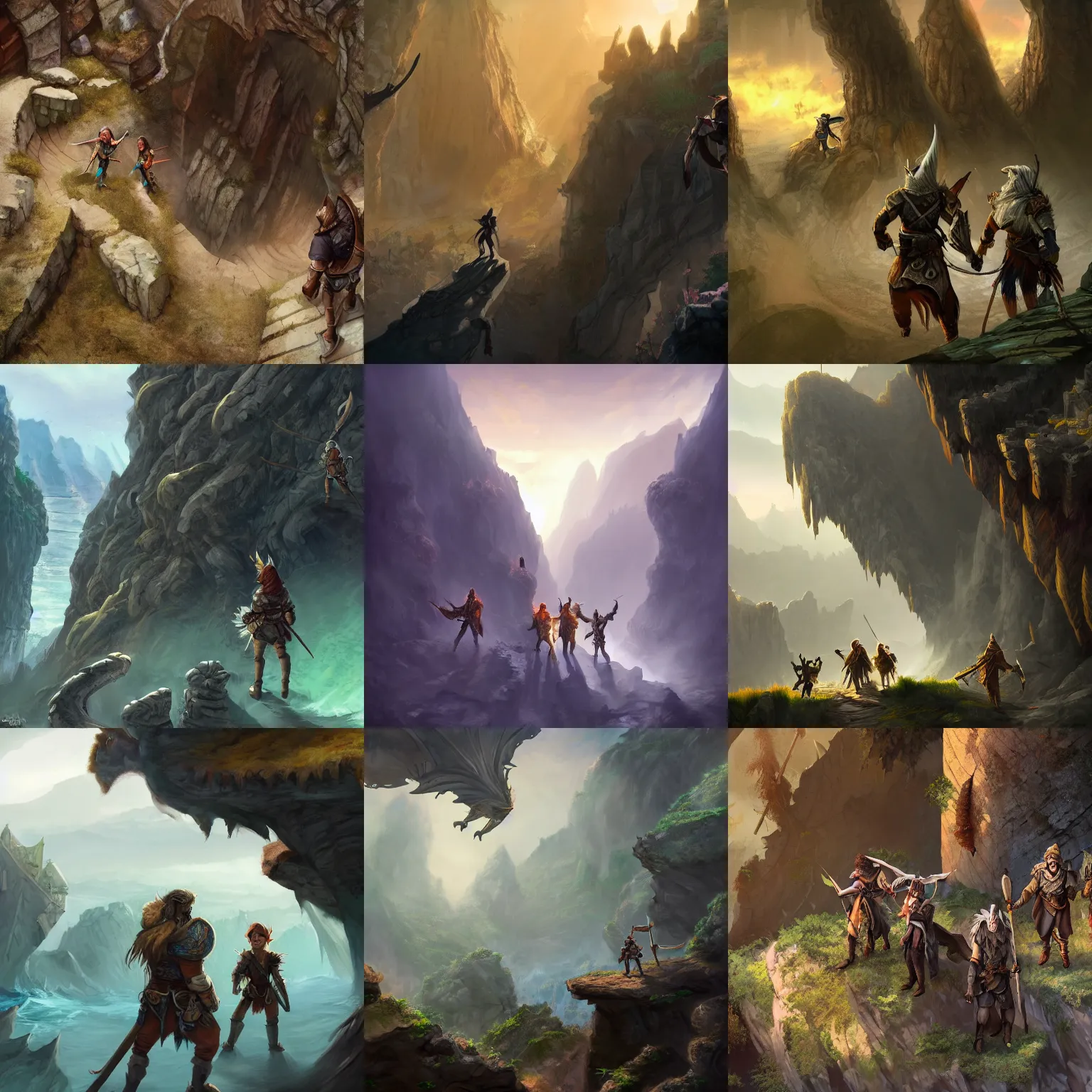 Prompt: dnd adventurers walking with their backs against the wall below cliffs, sunny, fantasy art, concept art, epic, 4 k