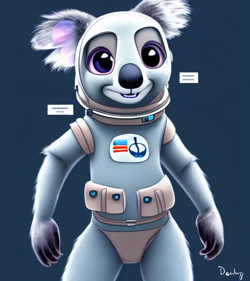 Image similar to digital detailed full body of anthromorphic female koala, in style of zootopia, fursona, furry, furaffinity, 4 k, deviantart, wearing astronaut outfit, in style of zootopia, floating in space, space background, in deep space, dark background, hyena fursona, cyberpunk, female, detailed face,