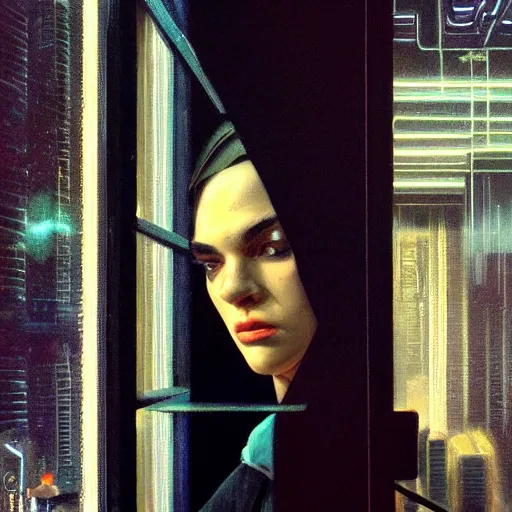 Image similar to detailed face of a woman, moment, cyberpunk cloisters, electronic billboards, tech noir, wet reflections, prism, atmospheric, ambient, pj crook, syd mead, livia prima, greg rutkowski, edward hopper