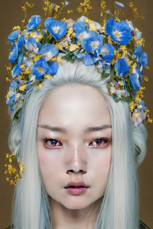 Image similar to a pale Chinese girl with white hair, floral crown, sad blue eyes, cinematic lighting, ultra detailed, highly detailed, sharp focus, golden background with flowers, golden jewellery with blue sapphires, photographic, art by artgerm and greg rutkowski and zdislav beksinski