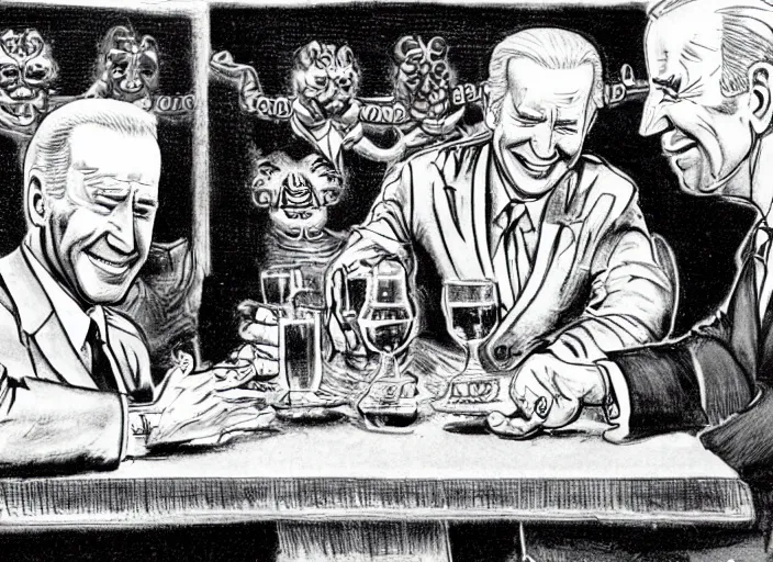 Prompt: joe biden arm wrestling xi jinping in a bar in china illustration by mike ploog