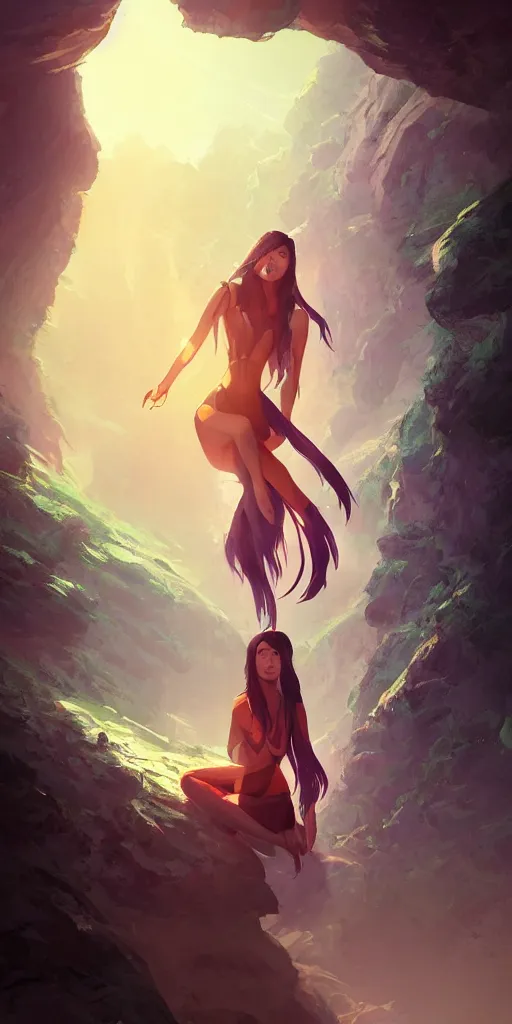 Image similar to beautiful young Himalayan woman with psychic powers, floating in a cave, sad, futuristic, somber, sci-fi summer fashion , by Makoto Shinkai and Wojtek Fus, by studio trigger, rossdraws, dramatic lighting, reflective light