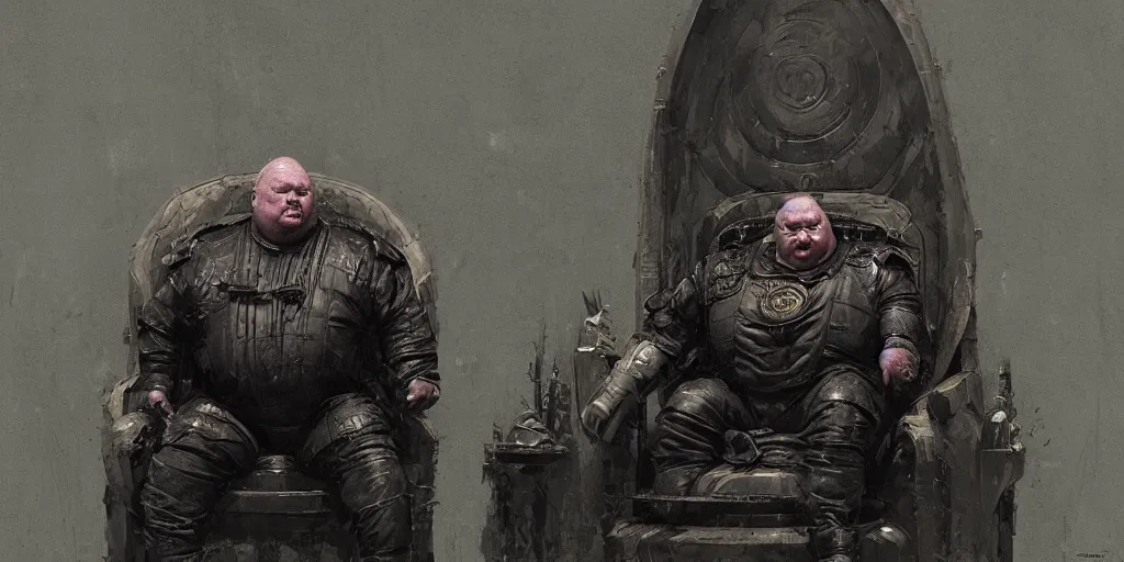 Image similar to shaun ryder as baron harkonnen wearing a leather spacesuit and sitting on a throne in the throne room on guidi prime, by normal rockwell and craig mullins and jeremy mann, photoreal, science fiction character concept art, artstation