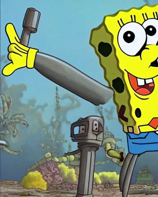 Prompt: Spongebob in a mech suit