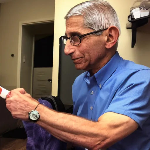 Image similar to A photo of Anthony Fauci injecting heroin into his right arm