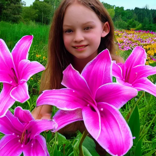 Prompt: girl lily 7 years old in beautiful nature free flower