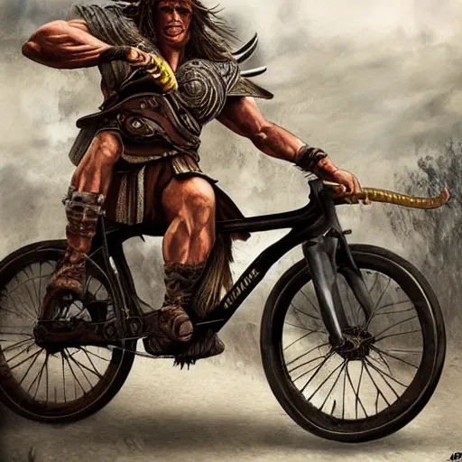 Prompt: Conan barbarian ride bycicle, photorealistic