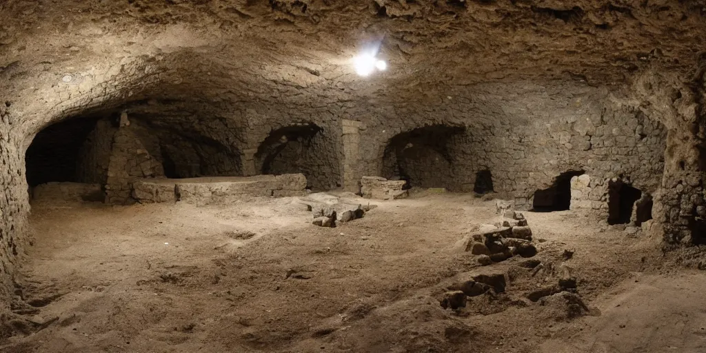 Prompt: archeological discovery of a perfectly well preserved medieval castle underground