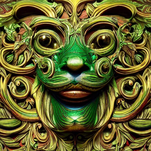 Image similar to colourful highly detailed ornate decorative green man as a cat face 3 d sculplture by walter crane and william morris, closeup, twisting leaves, flowing lines, abstract psychedelic, 8 k, artstation