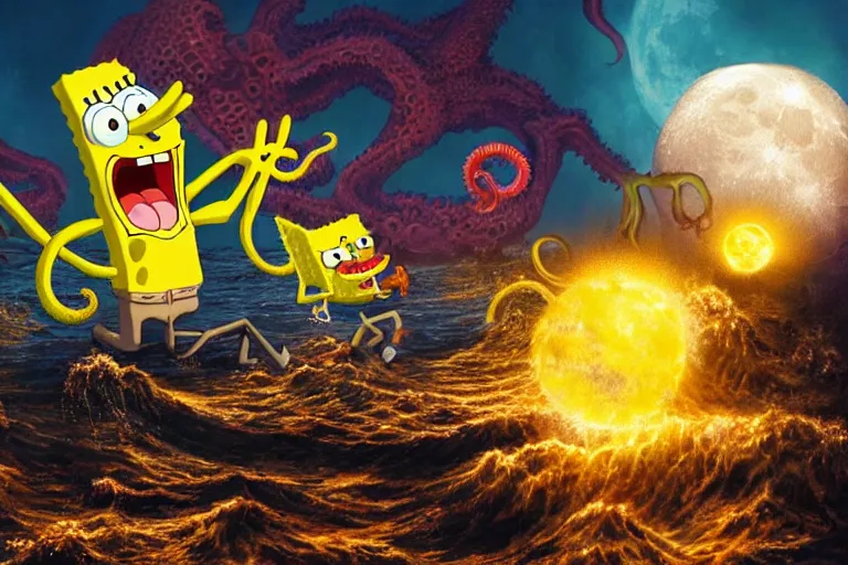 Prompt: Spongebob fighting Cthulhu tentacles, explosions, photorealistic moon surface, high detail, movie poster, lunar, silhouetted