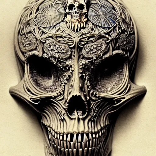 Image similar to art forms of nature by ernst haeckel, memento mori by arthur rackham, ornate antique porcelain beautiful skull mask, ultrasharp, photorealistic, hyperdetailed, octane render, polished, art nouveau, neo - gothic, gothic, intricate ornamental organic filigree, art nouveau botanicals, art forms of nature by ernst haeckel, horizontal symmetry, symbolist, visionary