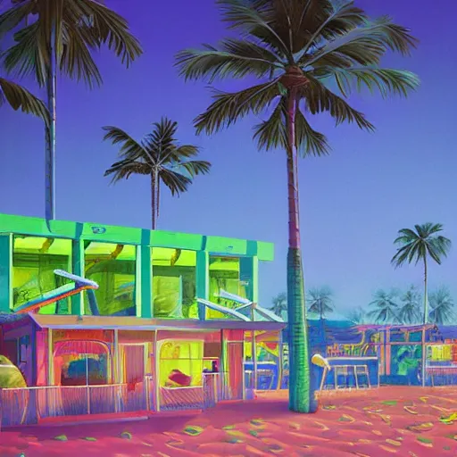 Image similar to inside psychedelic beachfront fast food restaurant with palm trees by simon stalenhag