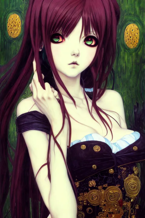 Prompt: portrait of beautiful young gothic anime maiden, cute-fine-face, pretty face, realistic shaded Perfect face, fine details. Anime, cyberpunk, Warhammer, Warhammer, Warhammer, highly detailed, artstation, illustration, art by Ilya Kuvshinov and Gustav Klimt and Gustav Klimt and Gustav Klimt and Gustav Klimt