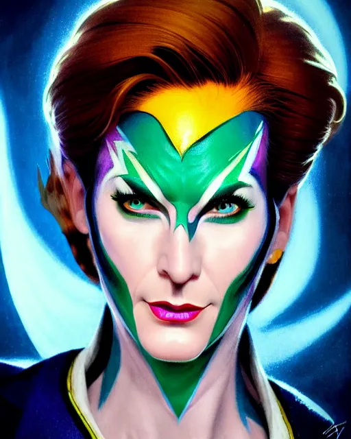 Prompt: moira from overwatch, lightning bolt face paint, character portrait, portrait, close up, highly detailed, intricate detail, amazing detail, sharp focus, vintage fantasy art, vintage sci - fi art, radiant light, caustics, by boris vallejo