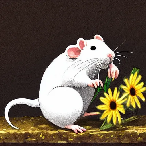 Prompt: white rat holding a flower cinematic composition, studio ghibli, digital art, cute