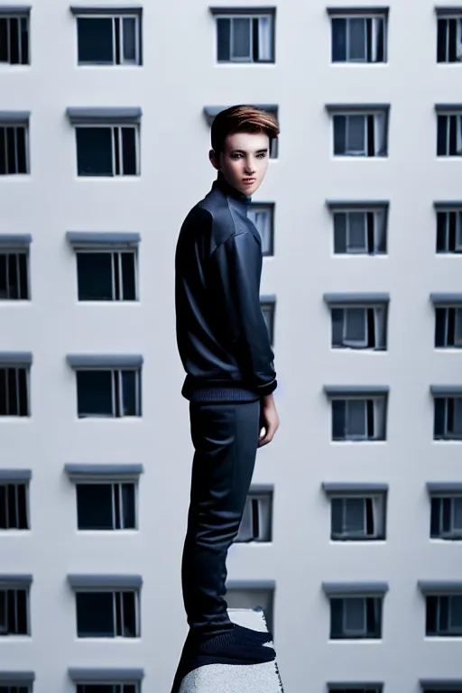 Image similar to un ultra high definition studio quality photographic art portrait of a young man standing on the rooftop of a british apartment building wearing soft padded silver pearlescent clothing. three point light. extremely detailed. golden ratio, ray tracing, volumetric light, shallow depth of field. set dressed.