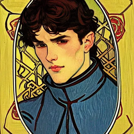 Prompt: portrait painting of young adult handsome human knight with short messy partly shaved! dark brown hair and blue eyes and strong jawline and small scar! under one eye named vidar, wearing armor!!, modest, masculine jawline!, squarish face shape, slightly round chin, art by alphonse mucha, vincent van gogh, egon schiele