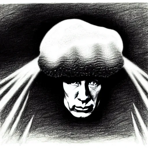 Prompt: vladimir putin as a mushroom cloud, cartoonish, ultra detailed pencil drawing