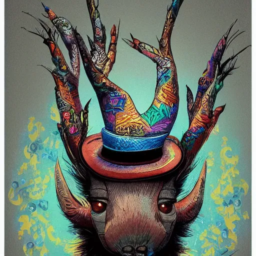 Prompt: a dik dik monster with tattoos wearing a fedora hat, colorful, digital art, fantasy, magic, trending on artstation, ultra detailed, professional illustration by basil gogos