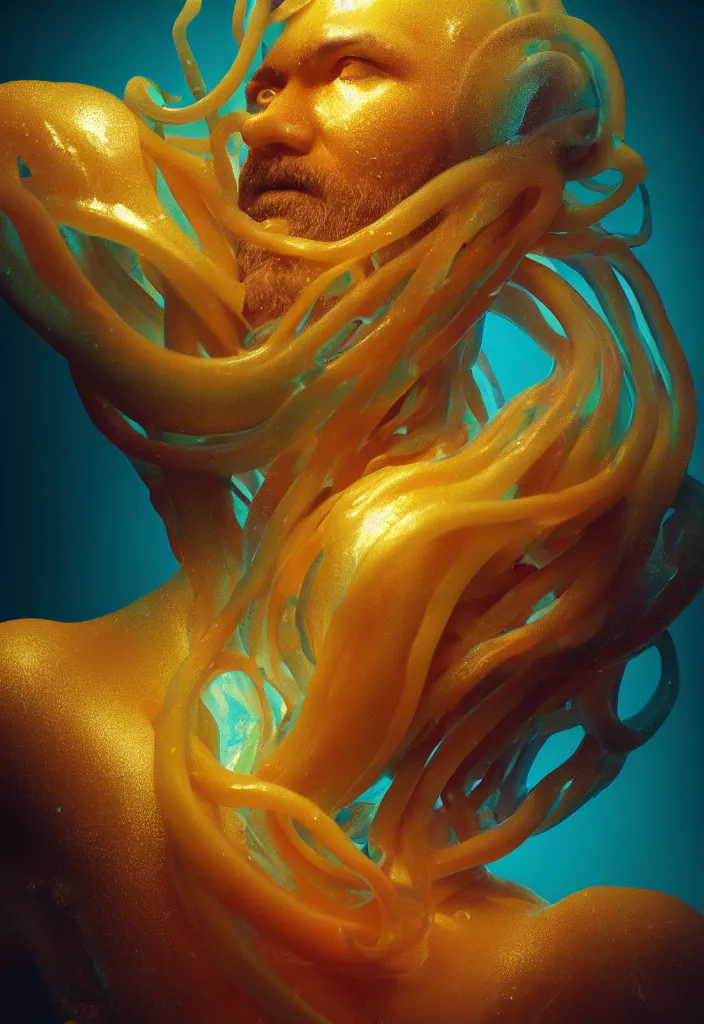 Image similar to subsurface scattering, poseidon made of soft wax, cgsociety, translucent, organic squid and ceramic art nouveau swirls, golden orbs, colored smoke, in the style of alberto seveso and ruan jia and beeple and giger, mystical colors, back light, rim light, dramatic lighting, 8 k, stunning scene, raytracing, octane render