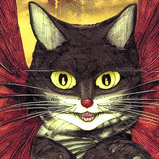 Image similar to vampire cat, inside a frame on a tiled wall, frontal picture, by yoichi hatakenaka, masamune shirow, josan gonzales and dan mumford, ayami kojima, takato yamamoto, karol bak