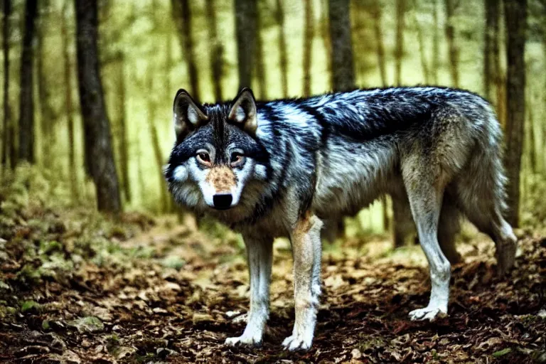 Prompt: hybrid consisting of a human and wolf, mostly wolf, photograph captured in the woods