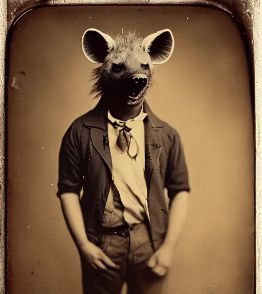 Image similar to professional studio photo portrait of anthro anthropomorphic spotted hyena head animal person fursona wearing casual tshirt clothes by Louis Daguerre daguerreotype tintype