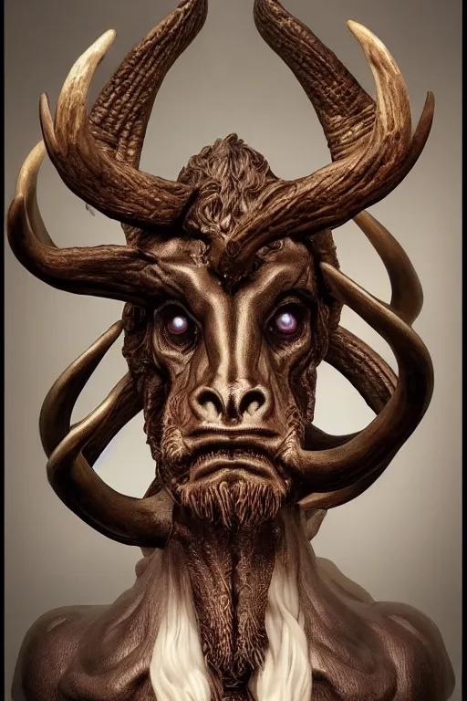 Prompt: sideview waist up portrait of baphomet with big antler, starship made with porcelain by jeff easley and peter elson, beautiful eyes and face, symmetry face, galaxy, gothic, surreal, dread, highly detailed, intricate complexity, epic composition, magical atmosphere, masterpiece, award winning, trending on artstation