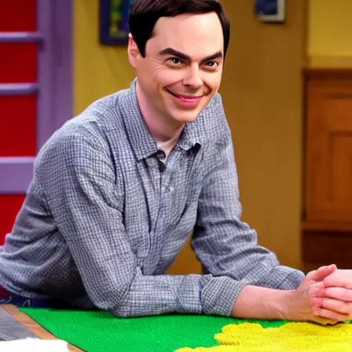 Prompt: jim parsons pretending to be mr. fred rodgers on pbs