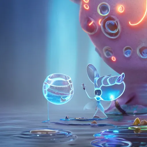 Prompt: tiny hades, expressive eyes, floating, rbc, radiolaria, bunny, protophyta, micro - organisms, center frame, symmetric, rim light, marine microbiology, bioluminescence, electric, fur, soft, concept art, intricate details, highly detailed, colorful, photorealistic, disney pixar, octane render, iridescent, anime