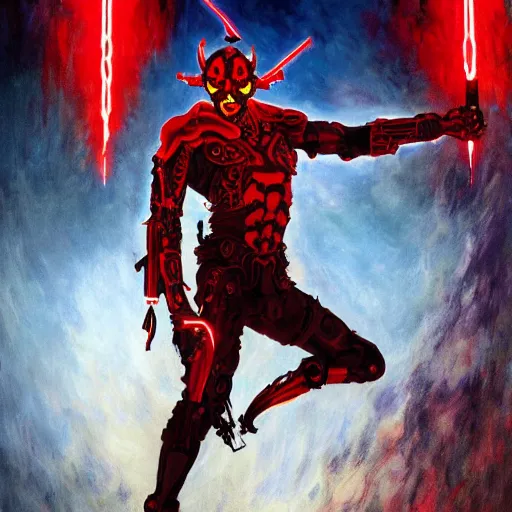 Prompt: A cyborg Darth Maul as the ultimate tyrant emperor of the universe. Trending on ArtStation. A vibrant digital oil painting. A highly detailed fantasy character illustration by Wayne Reynolds and Charles Monet and Gustave Dore and Carl Critchlow and Bram Sels