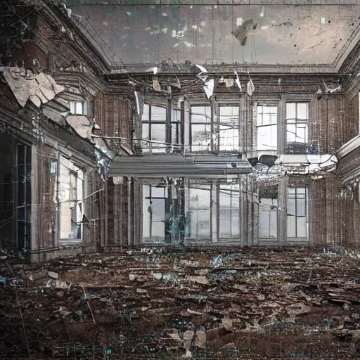 Image similar to realistic photograph of an abandoned building interior glitching through reality, glitch art