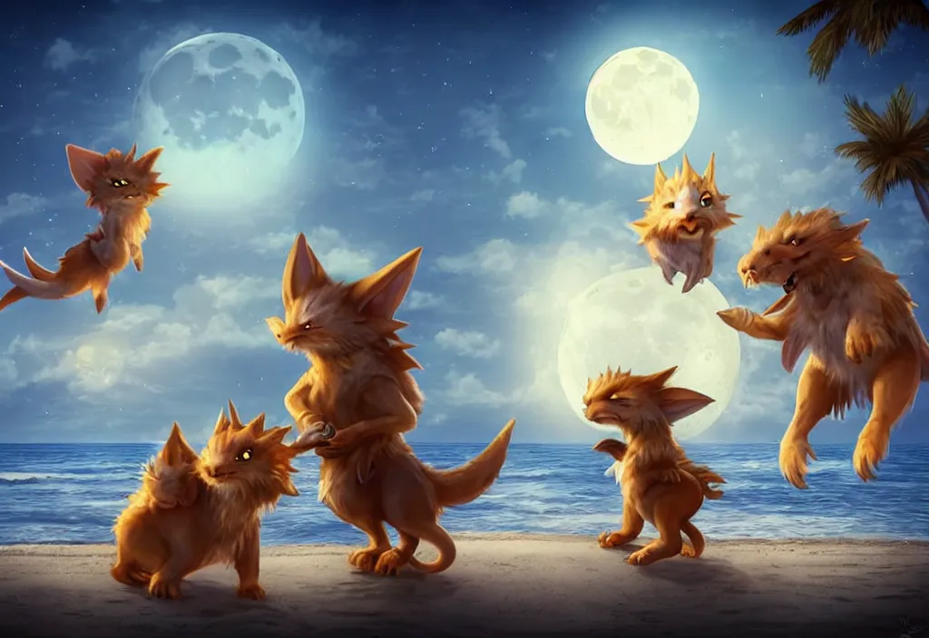 Image similar to cute fantasy critters at the beach looking at the moon, ultra realistic, concept art, highly detailed