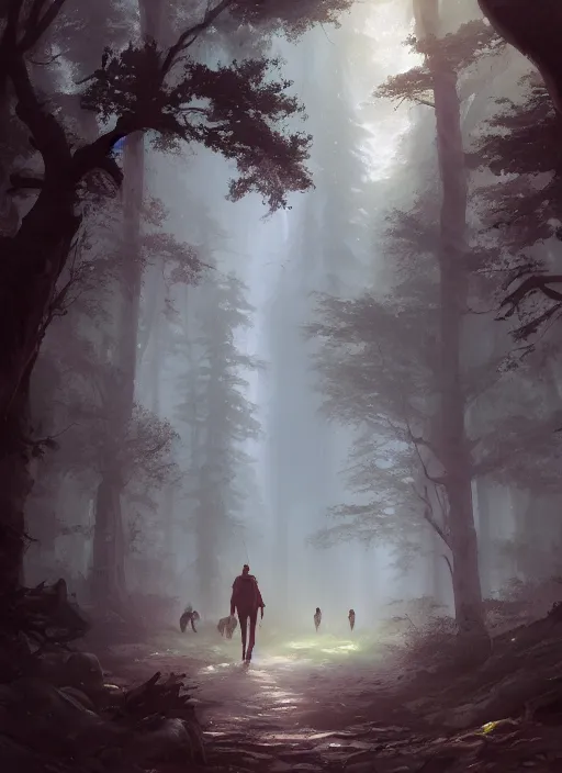 Image similar to a man walking through a forest with a horse, a detailed matte painting by jordan grimmer, cgsociety, fantasy art, matte painting, 2 d game art, volumetric lighting