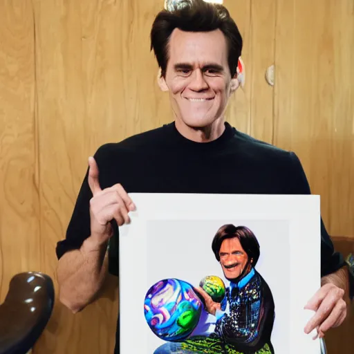 Prompt: a bowling ball carrier with a print of spherical jim carrey