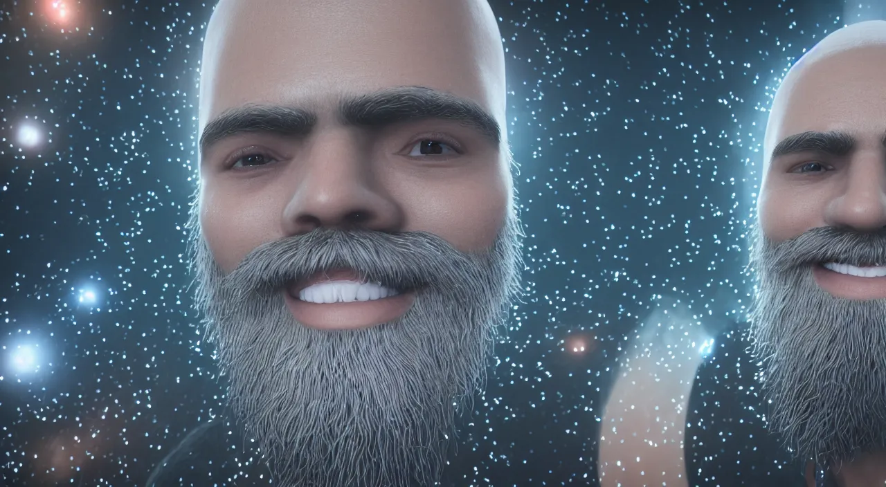 Image similar to Close up smiling handsome man with glowing galaxy eyeballs and majestic beard, professional studio photography, depth of field, intricate details, photorealistic, high quality. Rendered with autodesk arnold unreal engine octane render Lumion Blender Maxwell.