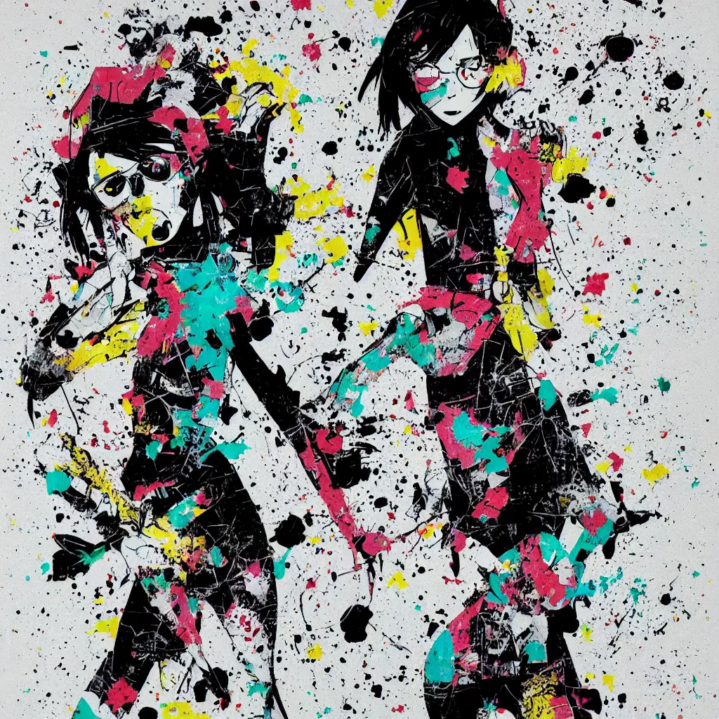 Image similar to girl figure, abstract, jet set radio artwork, ryuta ueda artwork, cryptic, rips, spots, asymmetry, stipple, lines, glitches, color tearing, pitch bending, stripes, dark, ominous, eerie, hearts, minimal, points, otomo katsuhiro artwork, technical, natsumi mukai artwrok, folds