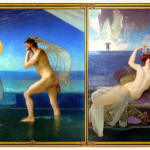 Image similar to Floating palace, moon reflecting on the water, thunderstorm, greek pool, beach and Tropical vegetation on the background major arcana sky, by paul delaroche, alphonse mucha and arnold böcklin, hyperrealistic 8k, award-winning, very very very detailed