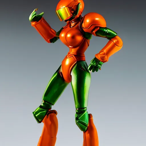 Image similar to helmet portrait of a figurine of samus aran's varia suit from the sci - fi nintendo videogame metroid. glossy. red round helmet, orange shoulder pads, green visor. shallow depth of field. suit of armor.